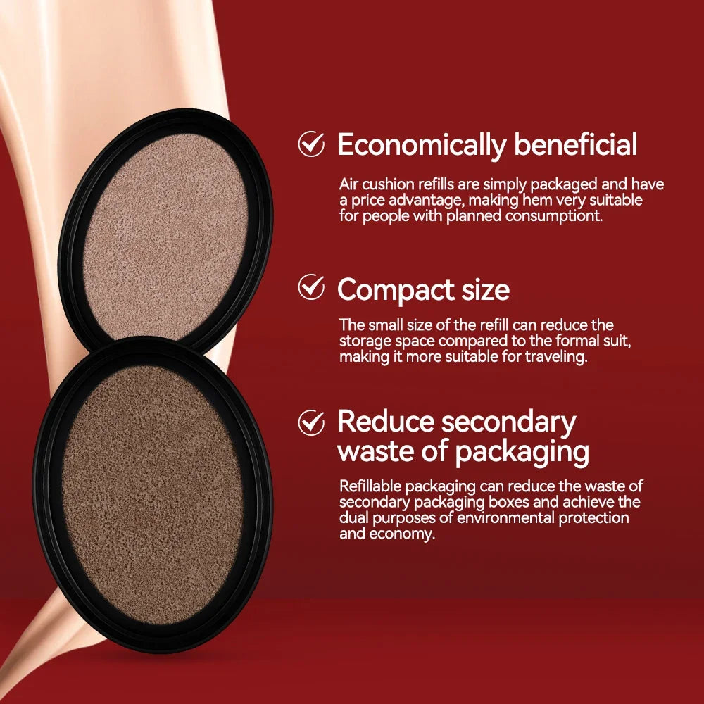 Waterproof Cushion Foundation Refill Semi-Matte Red Finish 72-Hour Wear Long-Lasting Buildable Coverage Sun Protection tirMakeup Peaceful Pleasures Health and Wellness
