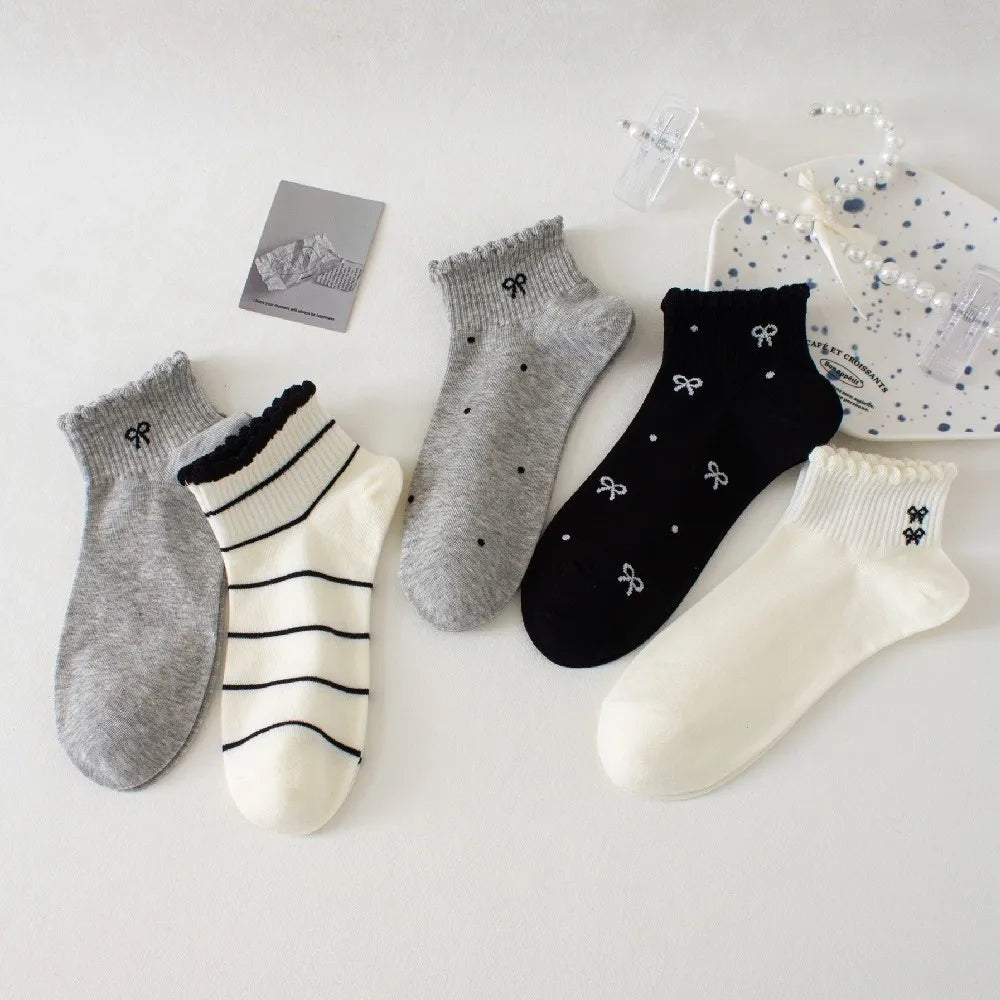 Kawaii Bow Low Cut Ankle Socks – 5 Pairs, Cotton, EU 36–40 Ankle Socks Peaceful Pleasures Health and Wellness