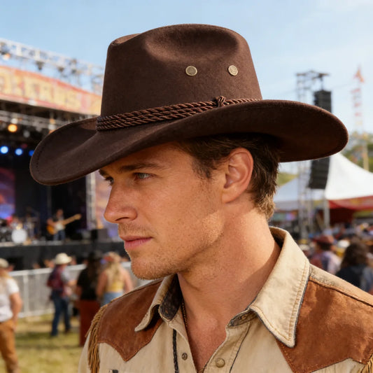 Brown Felt Western Cowboy Hat Braided Band Wide Curved Brim Unisex Peaceful Pleasures Health and Wellness