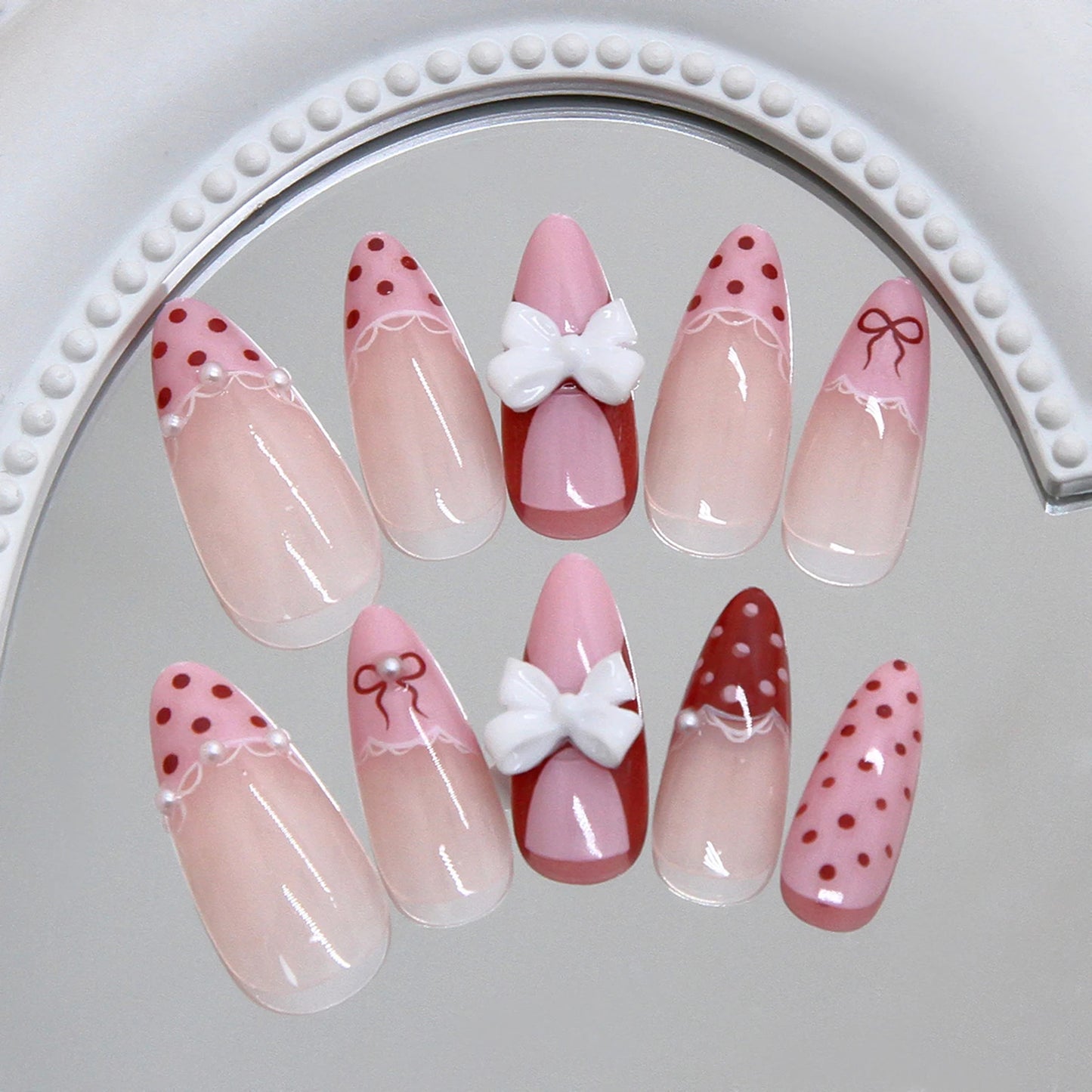 French Press-On Nails 3D Bow Lace Polka Dot Almond 24pcs