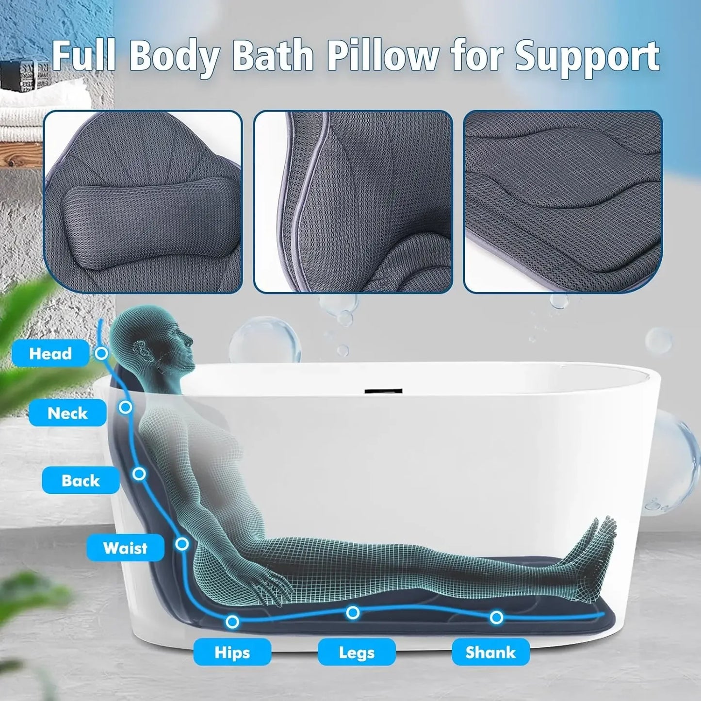 Extra Thick Bathtub Pillow with Head & Neck Support, Non-Slip Bath Cushion for Comfortable Relaxation Peaceful Pleasures Health and Wellness