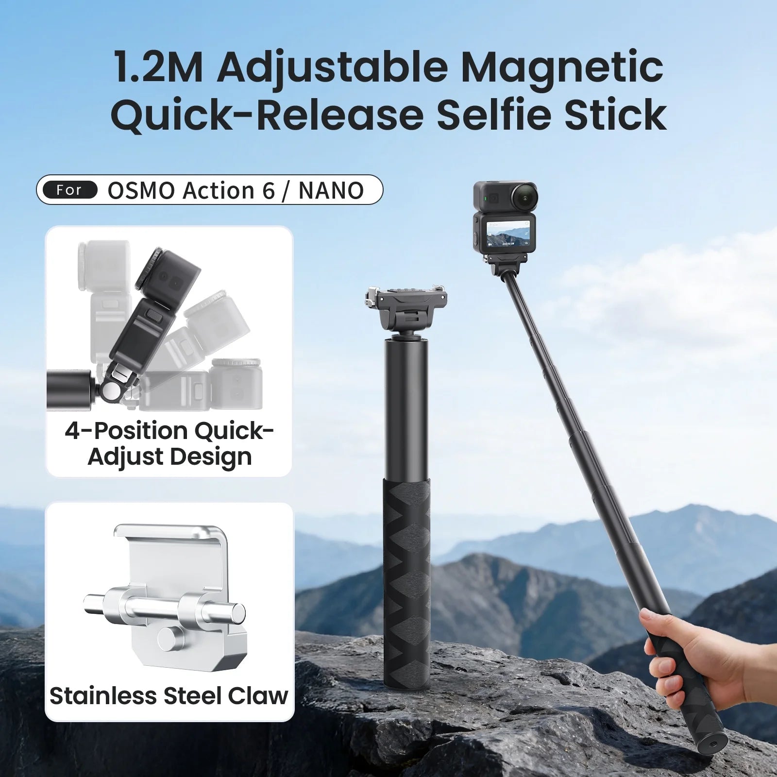 For DJI OSMO Action 6/NANO/OSMO 360/Action 5Pro/4/3 Adjustable Dual-Direction Quick-Release Selfie Stick Sports Camera Parts Peaceful Pleasures Health and Wellness