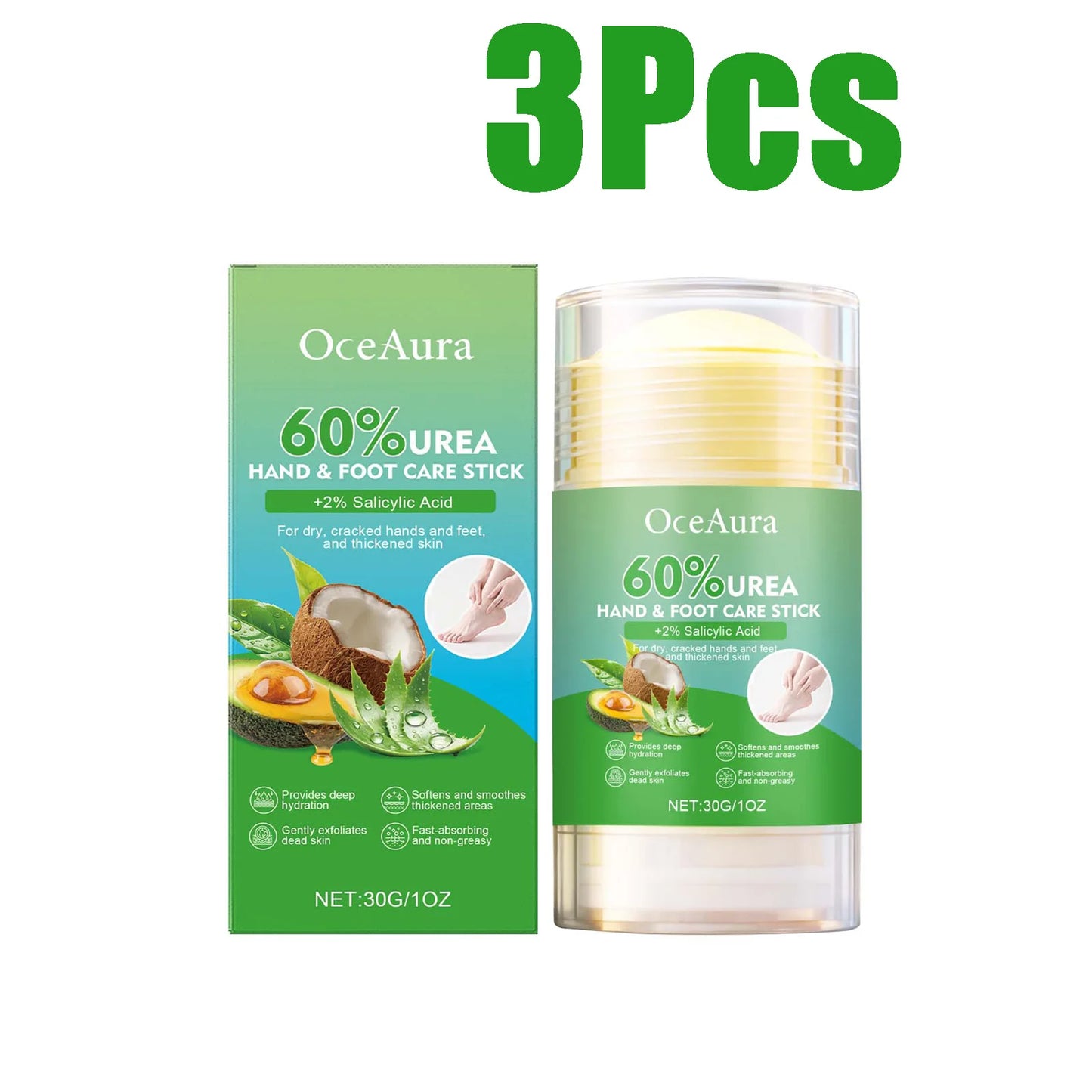 60% Urea Hand & Foot Care Stick Moisturizing Balm for Dry Rough Skin Gentle Exfoliation Softening Skin Cracked Heel Repair Care Peaceful Pleasures Health and Wellness 3 x 30g Boxed