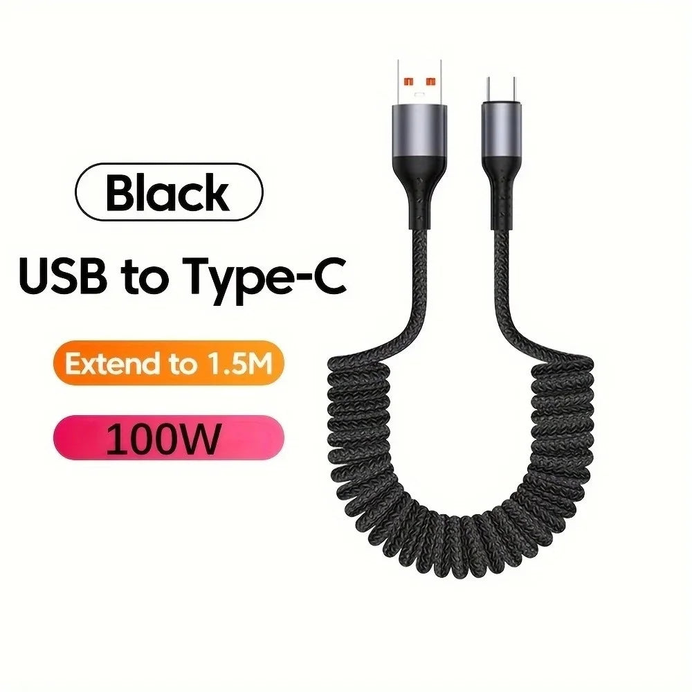 100W USB-C Retractable Spring Car Charger Cable | Fast Charge