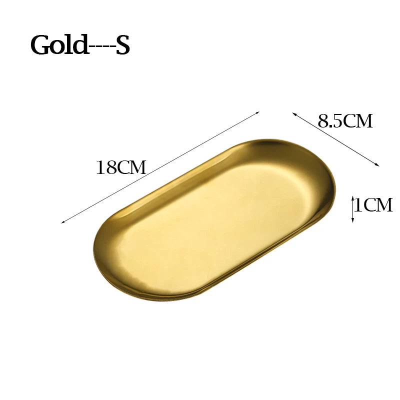 Nordic Style Dessert Dining Plate Nut Cake Fruit Plate Gold Silver Stainless Steel Towel Tray Snack Western Steak Kitchen Plate Peaceful Pleasures Health and Wellness Golden-S