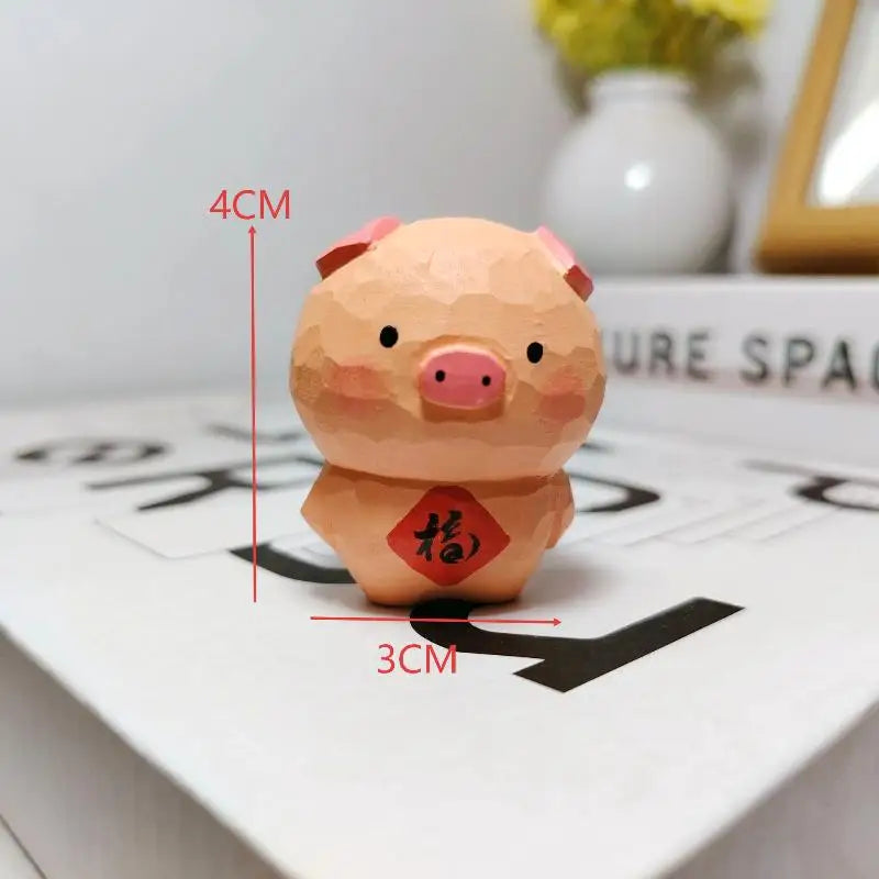 Handmade Wooden Pig Figurine Fu Character Desk Ornament Gift