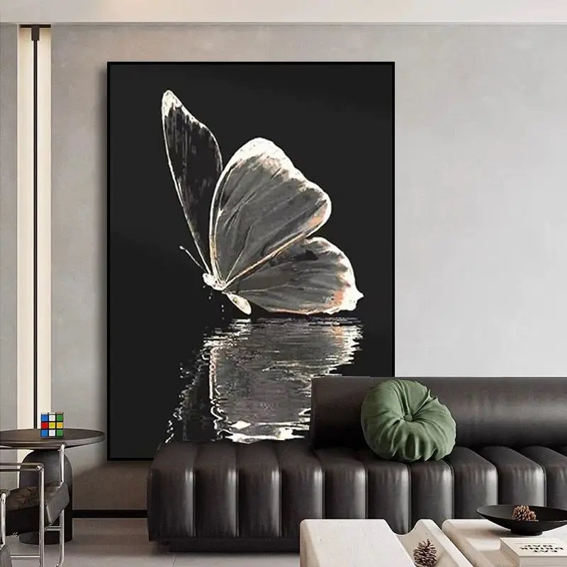 Beautiful Picture Handmade White Butterfly Black Background Hand Painted Oil Painting On Canvas Wall Art Poster For Living Room Peaceful Pleasures Health and Wellness