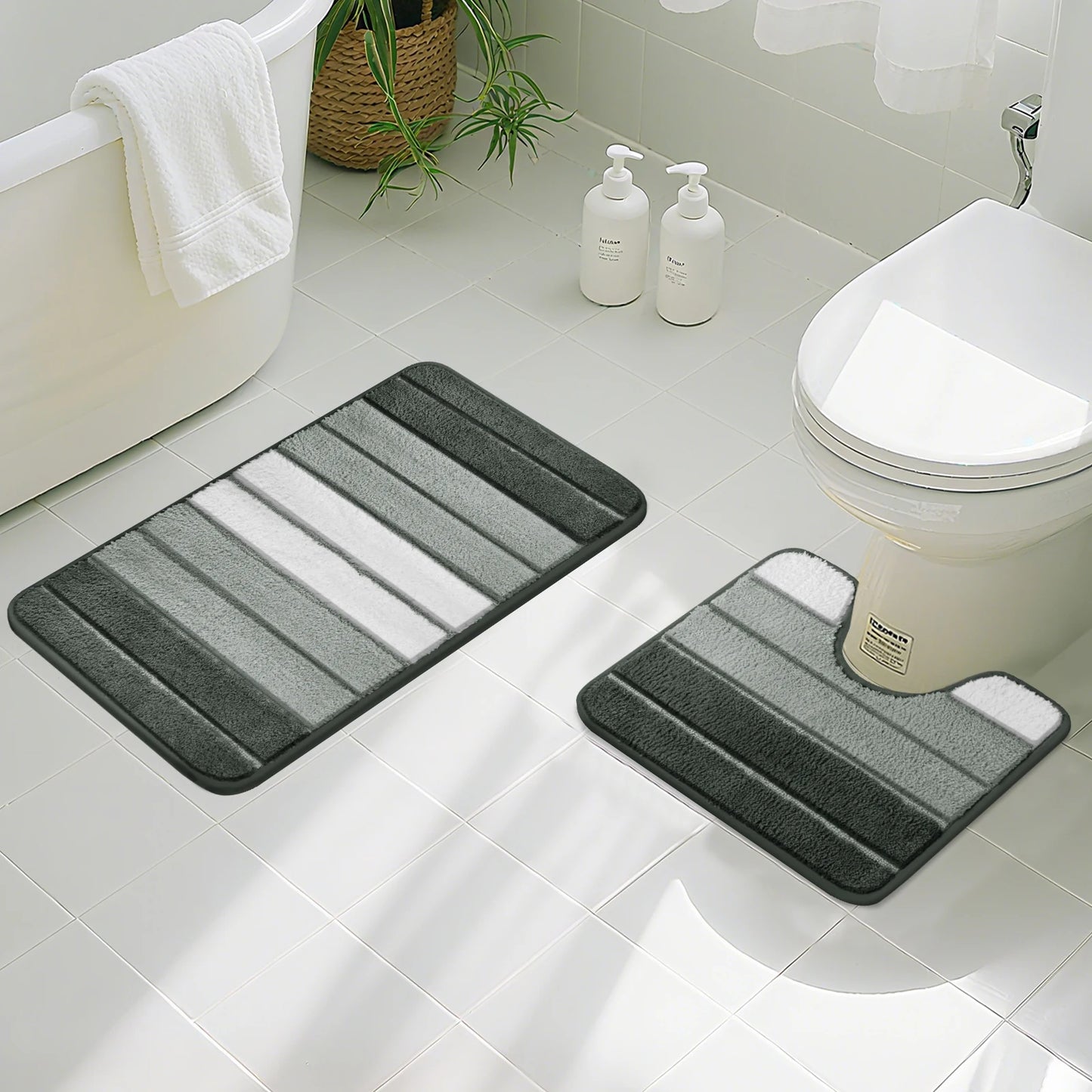 Striped Microfiber Bath Mat 50×80CM & 40×50CM Absorbent Carpet Set Non-Slip Washable Toilet Rugs for Shower Floor Bathroom Mats Peaceful Pleasures Health and Wellness Grey