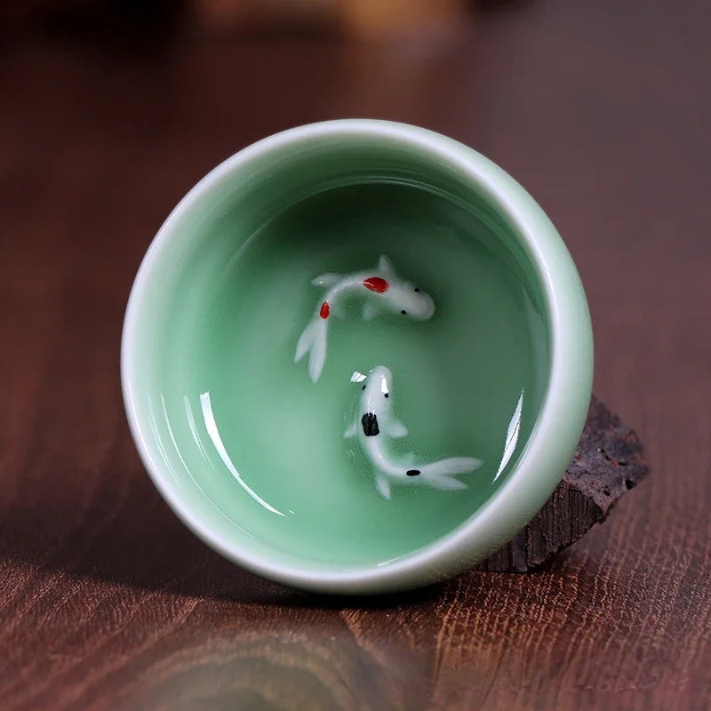 60ml Crackle Golden Fish Celadon Porcelain Teacups Delicate Longquan Tea Cup Bowl Kungfu Serviceable Chinese Tea Cup Tea Making Peaceful Pleasures Health and Wellness