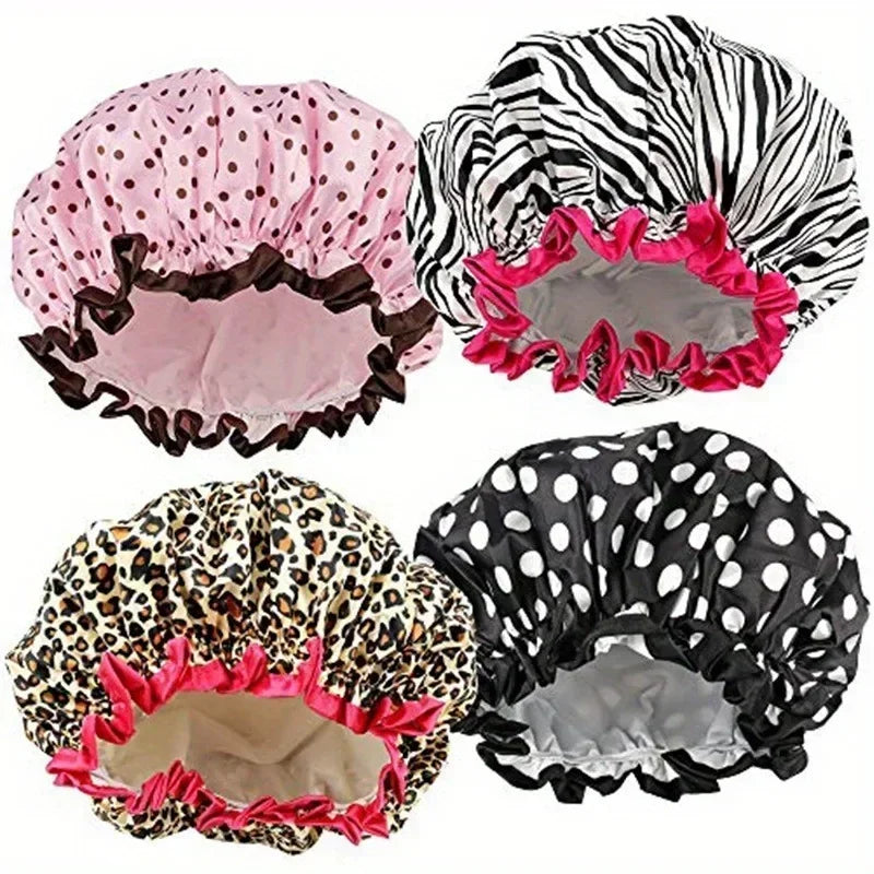 Waterproof Double Layer Shower Cap – Leopard & Polka Dot