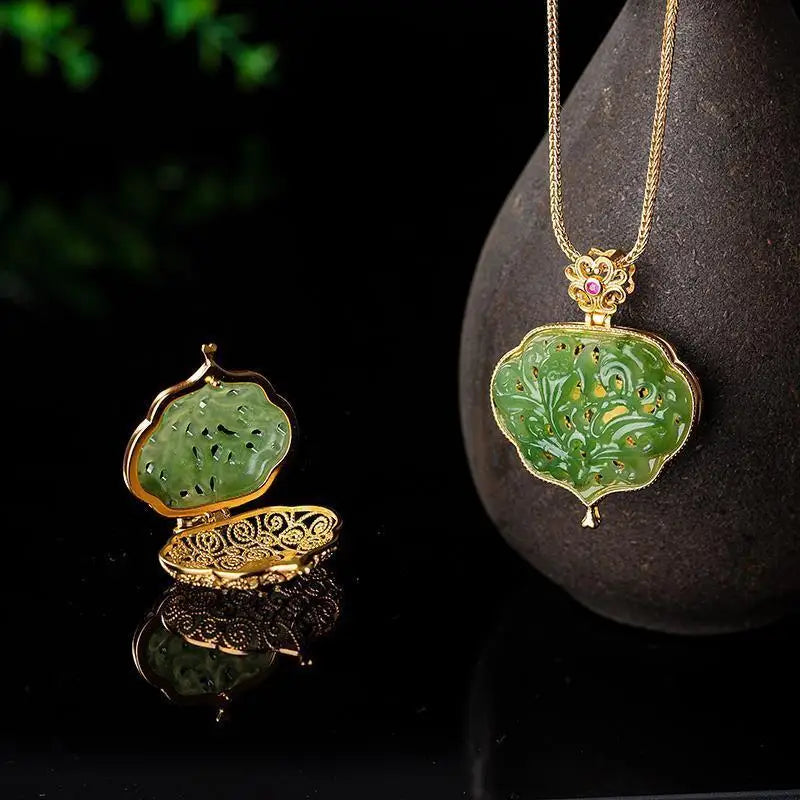 Light Luxury Fashion Hollow Out Safety Lock Ruyi Pattern Black Box Design Inlaid Natural Green Stone Retro Personality Pendant Peaceful Pleasures Health and Wellness