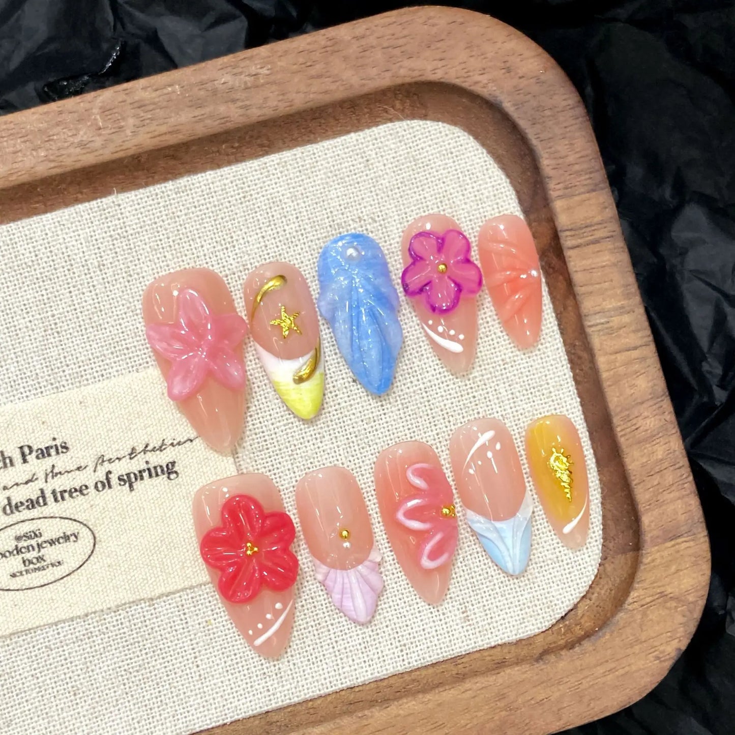 10pcs Handmade Almond Press on Nails Hand-carved Devil's Flower Design Fake Nail Tips Wearable Detachable Ins Sweet False Nails Peaceful Pleasures Health and Wellness XS 1