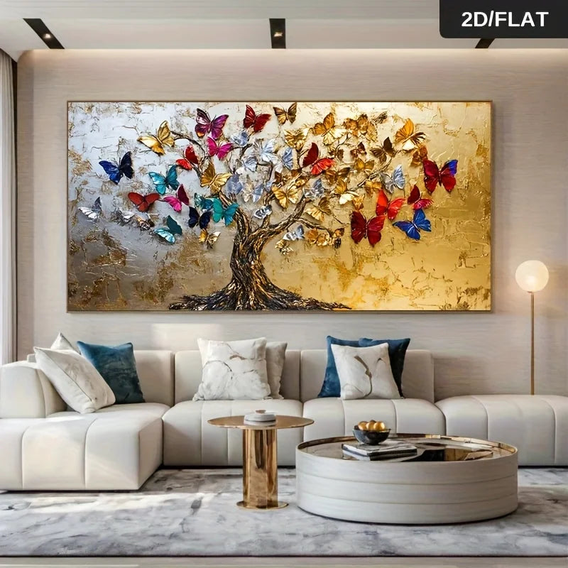 Vibrant Butterfly Tree of Life Canvas Art Unframed Modern Abstract Large Size Golden Tree Multicolor Butterflies Canvas Wall Art Peaceful Pleasures Health and Wellness ZLH7165 60x120cm No Frame