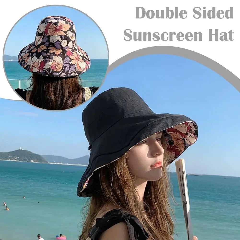 Double-Sided Printed Sun Hat Dual-Style Reversible Wear Sun Protection Windproof Rope Flower Print Wide Brim Fisherman Hat Women Peaceful Pleasures Health and Wellness