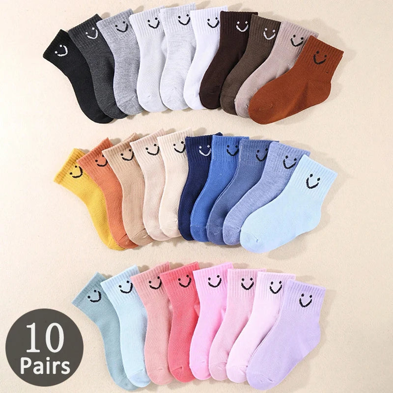 10 pairs of cute solid-color smiling face pattern children's mid-calf socks, suitable for boys and girls socks Peaceful Pleasures Health and Wellness