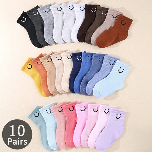 10 pairs of cute solid-color smiling face pattern children's mid-calf socks, suitable for boys and girls socks Peaceful Pleasures Health and Wellness