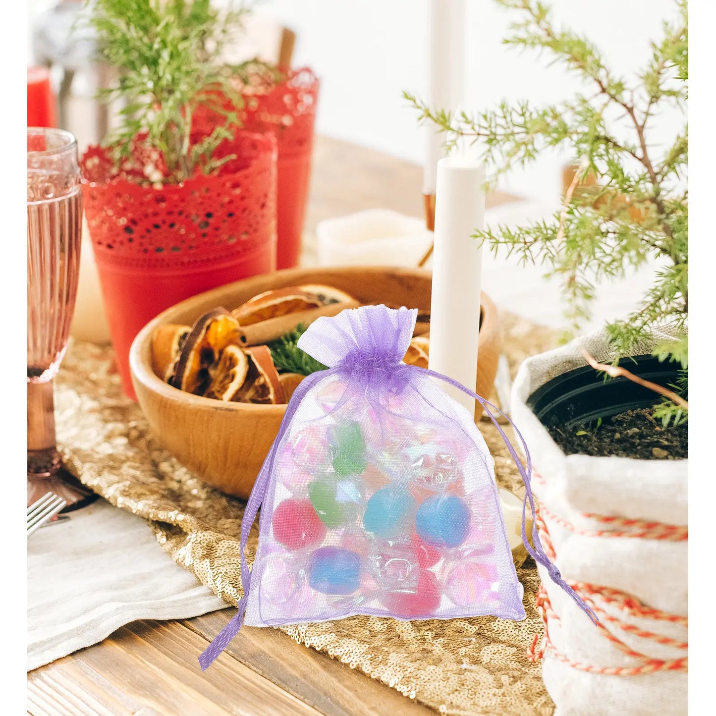 50 Pcs Gift Bag Jewelry Packaging Pouches Drawstring Bags Small Sachets for Business Sheer Organza Peaceful Pleasures Health and Wellness