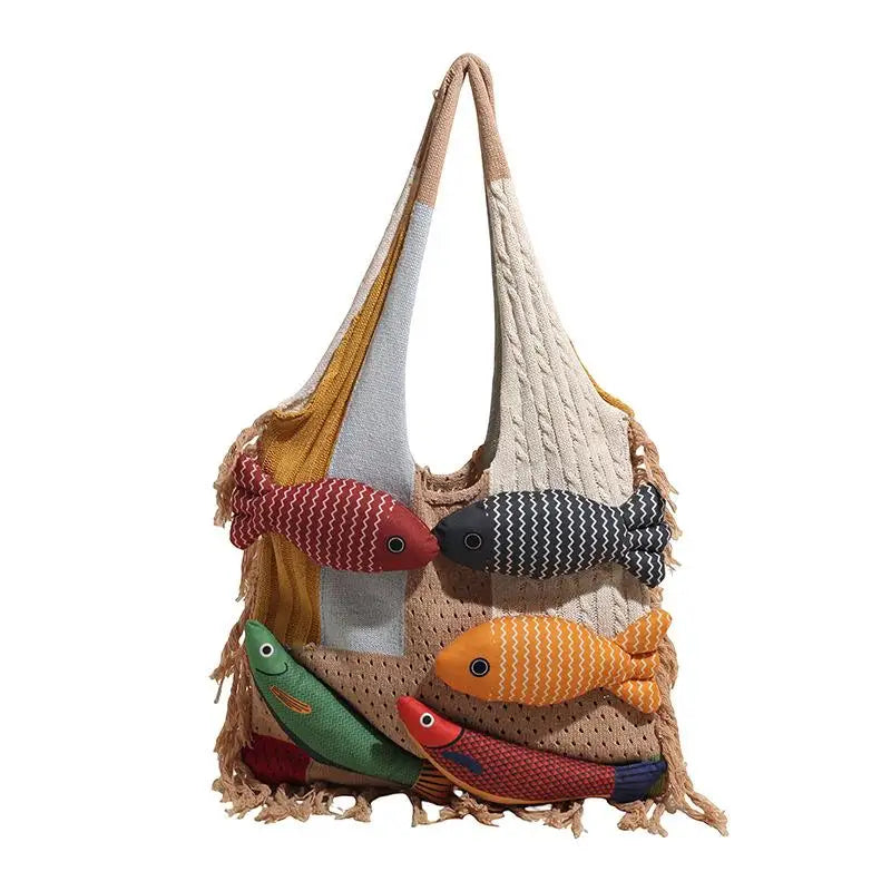 Tassel Knit Fish Tote Bag – Cute Casual Shoulder Handbag