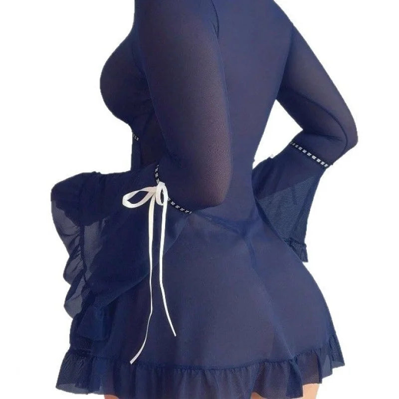 Printed Mesh Sheer Long-Sleeve Backless Mini Dress Set