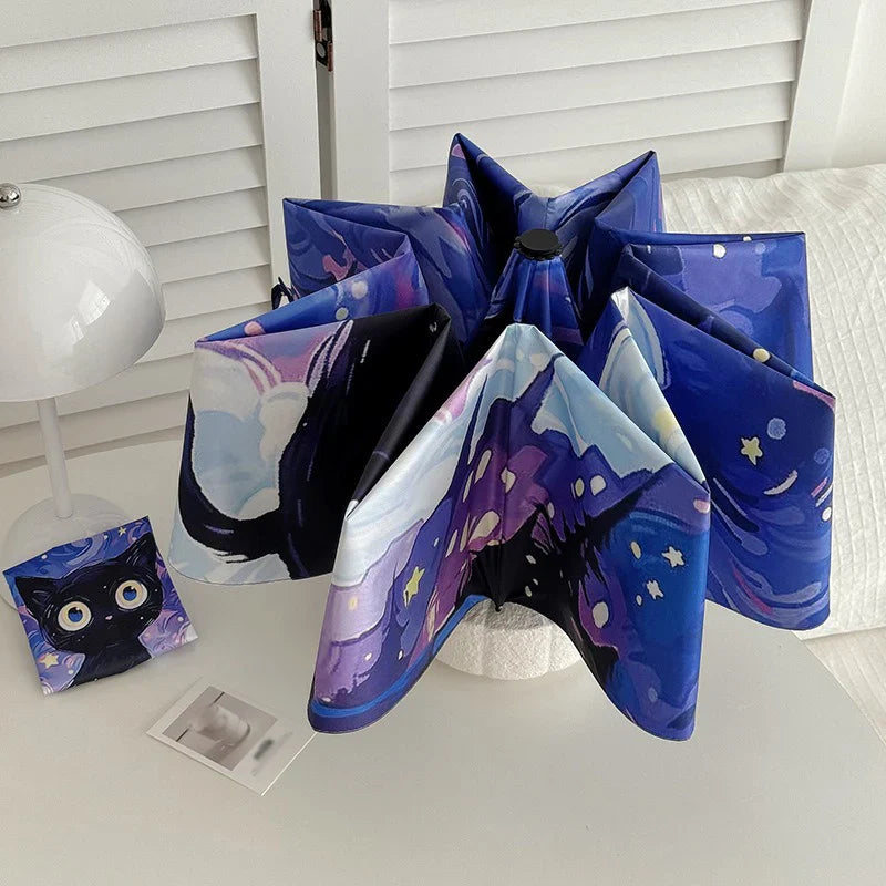 Cartoon Cat Purple Folding UV Umbrella – Auto Open & Close