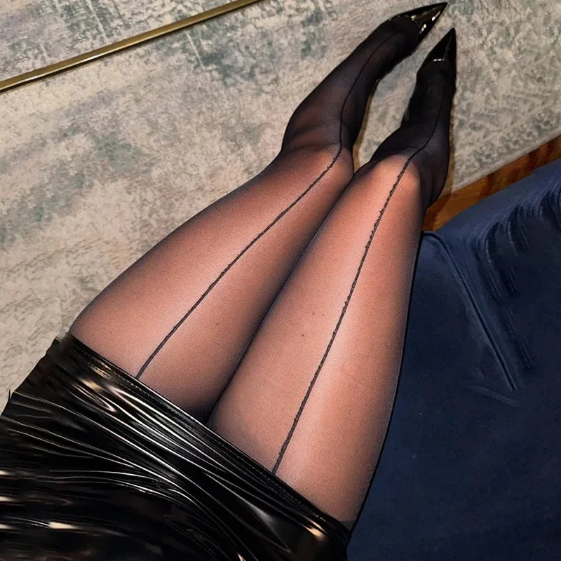 Retro Vertical Line Black Sheer Pantyhose – Slimming Tights