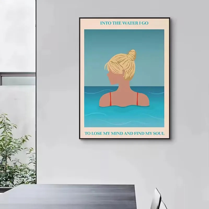 Retro Abstract Summer Swimming Pool Diver Beach Surfing Poster and Printed Canvas Painting Wall Art Pictures Home Bedroom Decor Peaceful Pleasures Health and Wellness