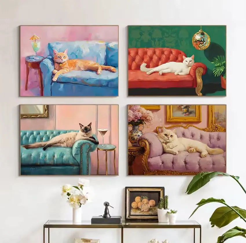 Vintage Trendy Cute Black Cat with Disco Ball&Tropical Drink Cocktail Poster Canvas Painting Wall Art Pictures Home Decor Gift Peaceful Pleasures Health and Wellness