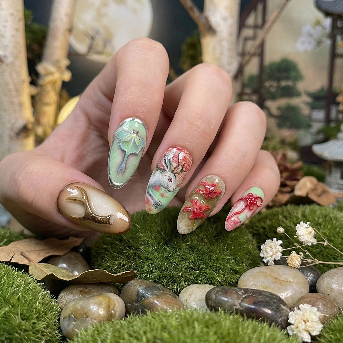 24pc Lotus Koi Press On Nails – Long Almond False Nails