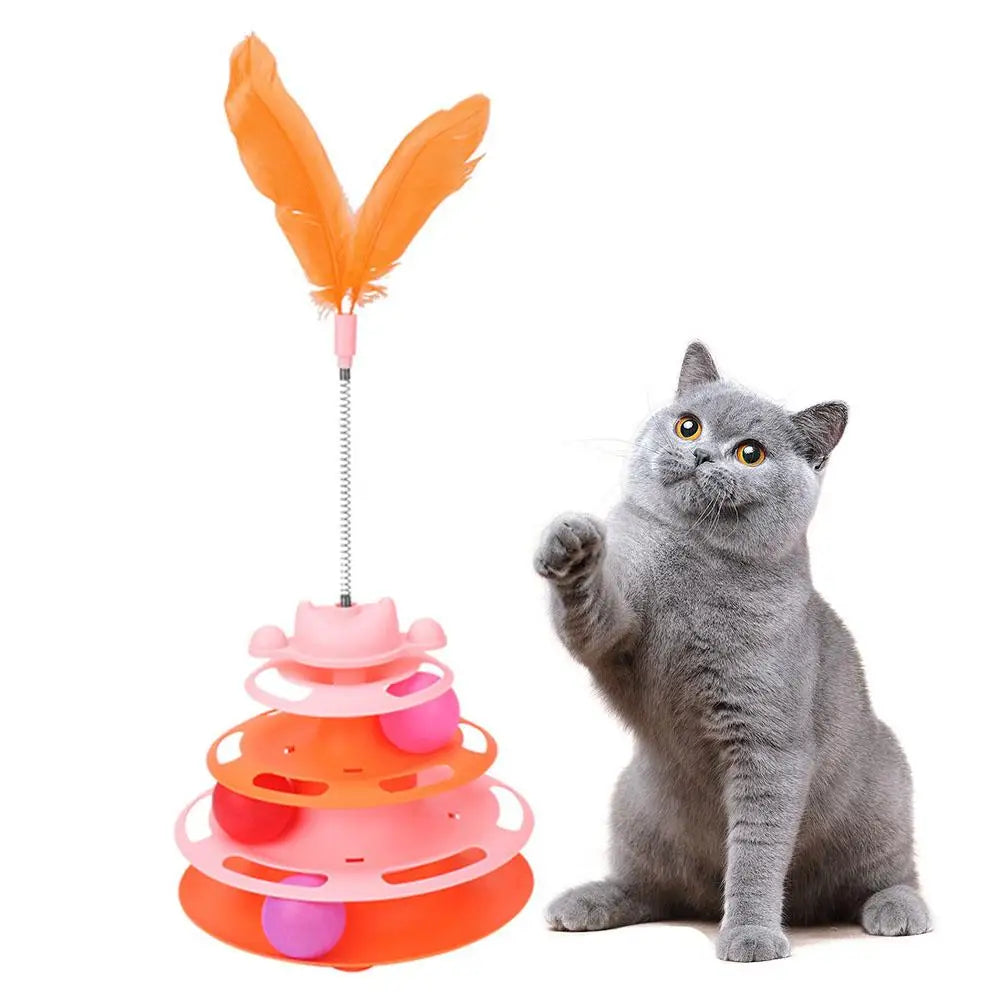 3-Layer Rotating Ball Tower Feather Cat Toy – Interactive Fun
