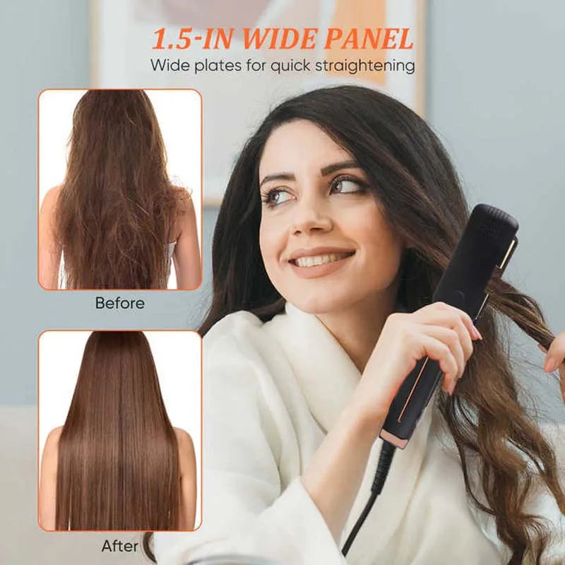 2-In-1 Hair Straightener Professional Ceramic Flat Iron Negative Ion Wide Plate Temperature Adjustable Straightening Iron Peaceful Pleasures Health and Wellness