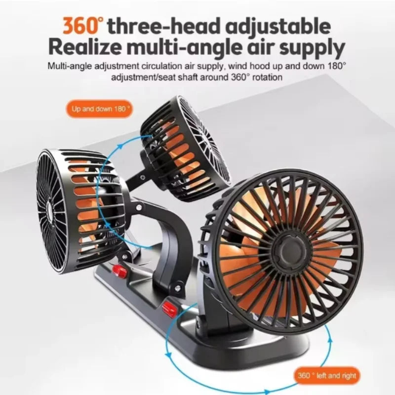 360° 3-Head Car Fan USB/12V/24V Dual-Speed Air Circulator