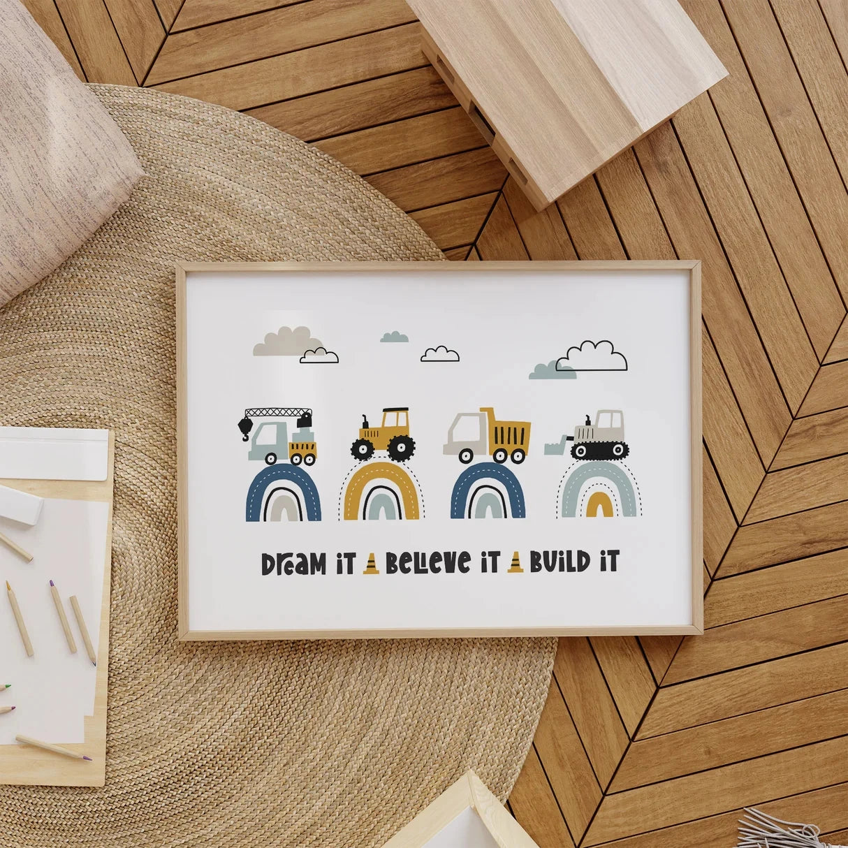 Cartoon Construction Quote Canvas Wall Art | Kids Room Décor