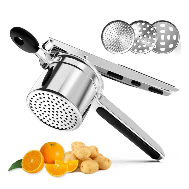 Stainless Steel Potato Masher Manual Press French Fries Cutter Dispenser Crusher Making Squeezer With 3/4 Interchangeable Discs Peaceful Pleasures Health and Wellness
