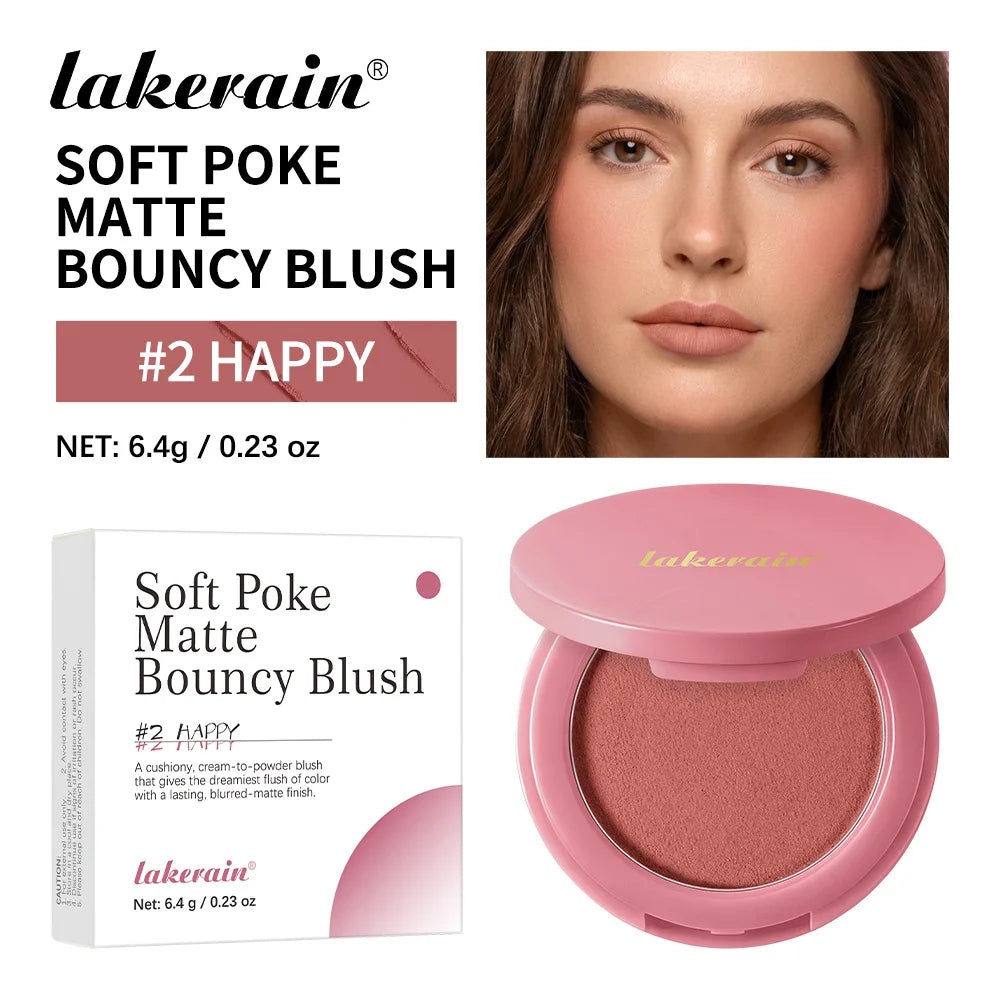 Lakerain Soft Poke Matte Blush Fresh Silky-smooth Skin Finish Long Lasting Luminosity Moisturizing Natural Matte Bouncy Blusher Peaceful Pleasures Health and Wellness 02 Happy