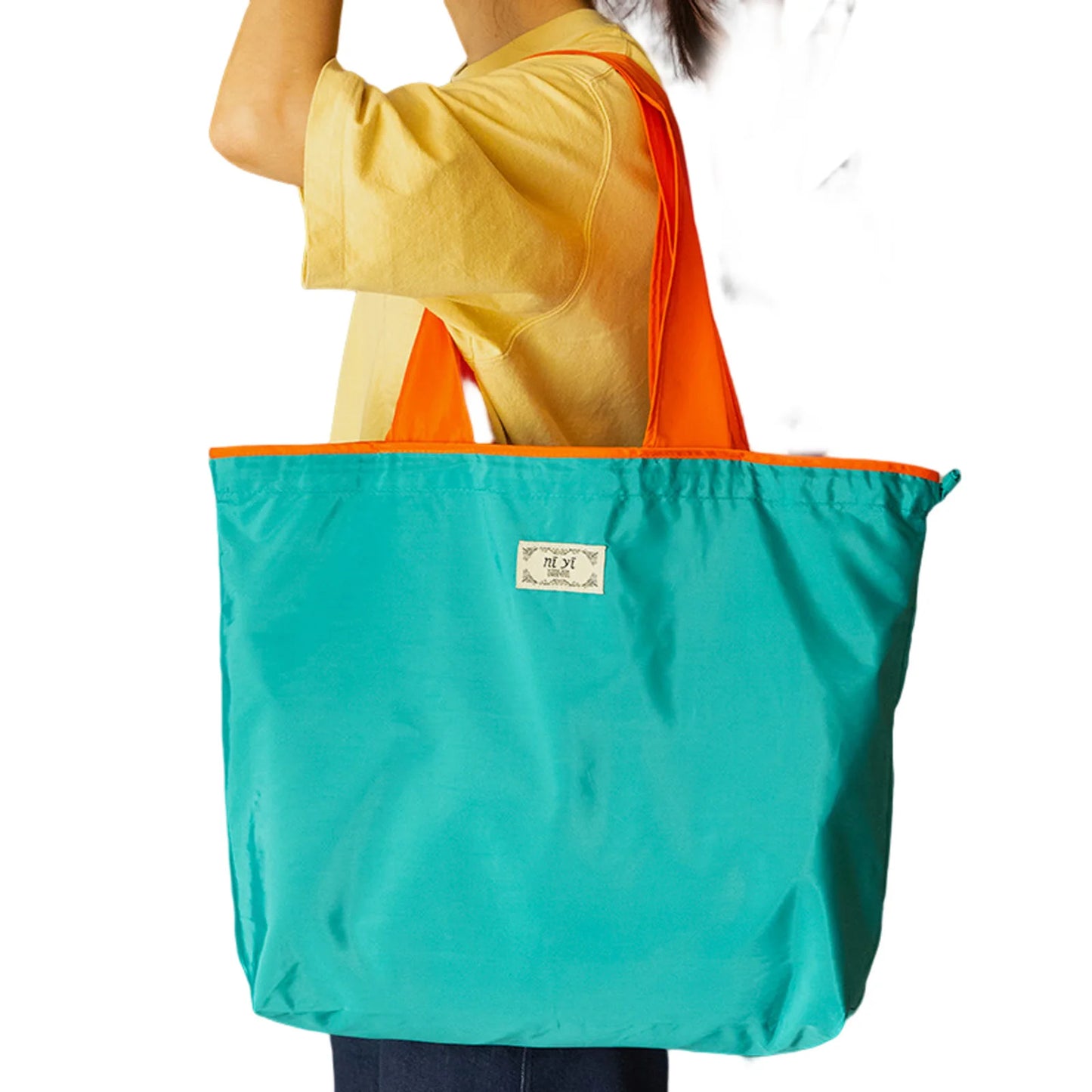 Portable Reusable Grocery Bags Eco-friendly Bags with Drawstring Closure for Trip or Shopping Fruit Holder Peaceful Pleasures Health and Wellness L Lake blue