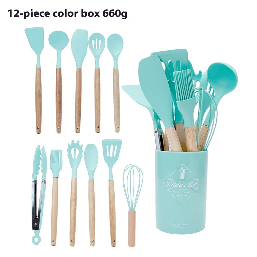 12Pcs Silicone Kitchen Cooking Utensils Set Wooden Handle Cooking Tool Non-stick Cookware Spatula Shovel Egg Kitchenware Beaters Peaceful Pleasures Health and Wellness Green 12Pcs