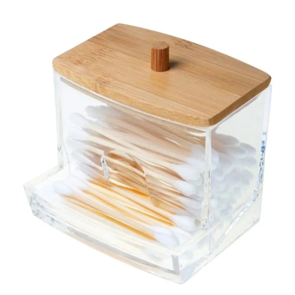 Cotton Swab Box - Transparent Bamboo Cover Dustproof Cotton Swab Toothpick Storage Box Multi-Purpose Visible Dispenser Peaceful Pleasures Health and Wellness