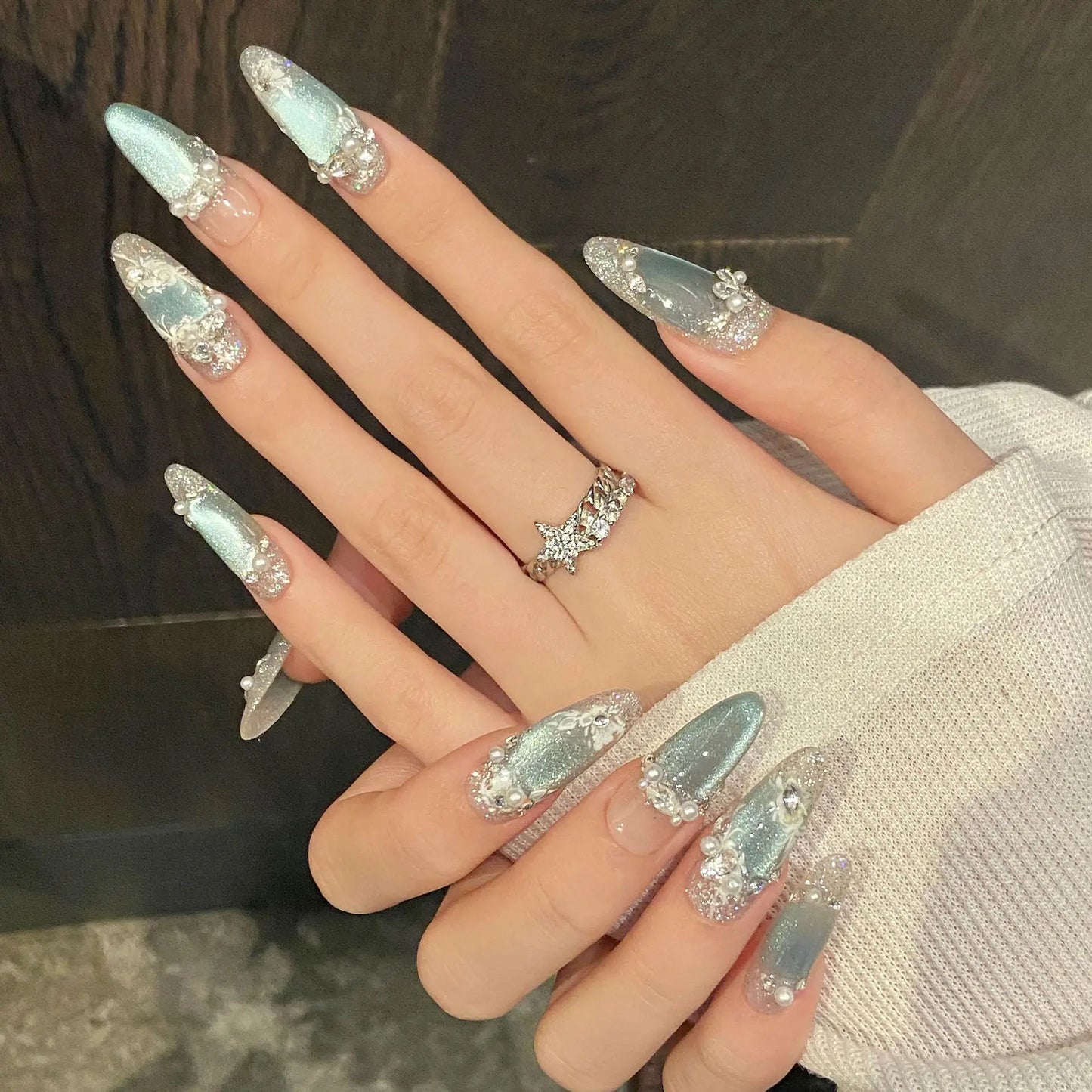 10pcs Handmade Press On Nails – Pink Flower & Cat Eye Design