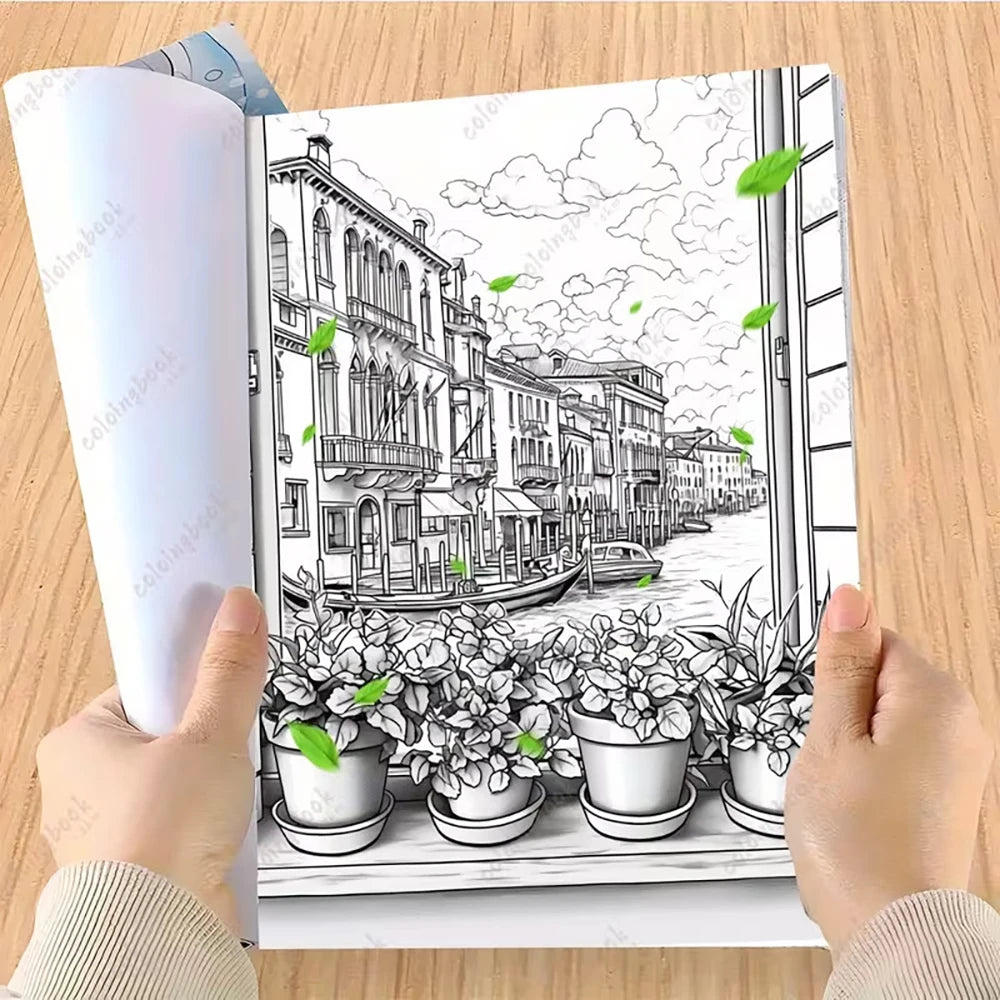 24 Page A4 Italian Architectural Landscape Coloring Book Leisurely