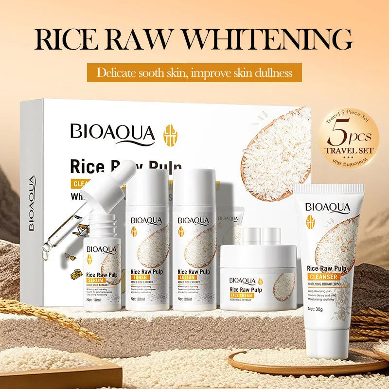 5pcs BIOAOUA Rice Raw Whitening Set Brighten Hydrating Moisturize Soothing Facial Cleanser+toner+essence+lotion+cream Skincare Peaceful Pleasures Health and Wellness
