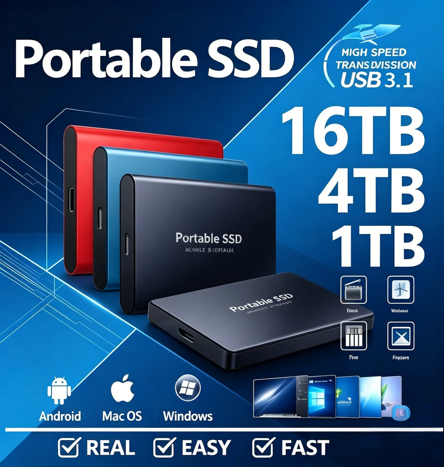 EOENKK 2TB Portable SSD External Drive USB 3.1 Type-C