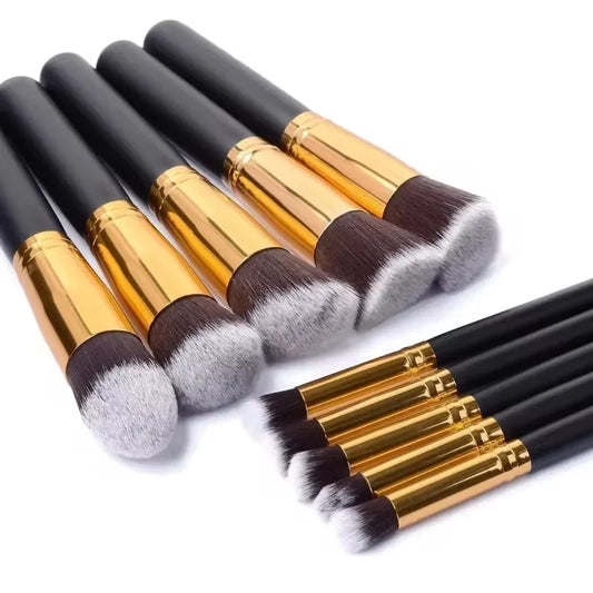 10-Piece Synthetic Kabuki Makeup Brush Set – Blending & Contour Makeup Brush Set Peaceful Pleasures Health and Wellness BLACK GOLD