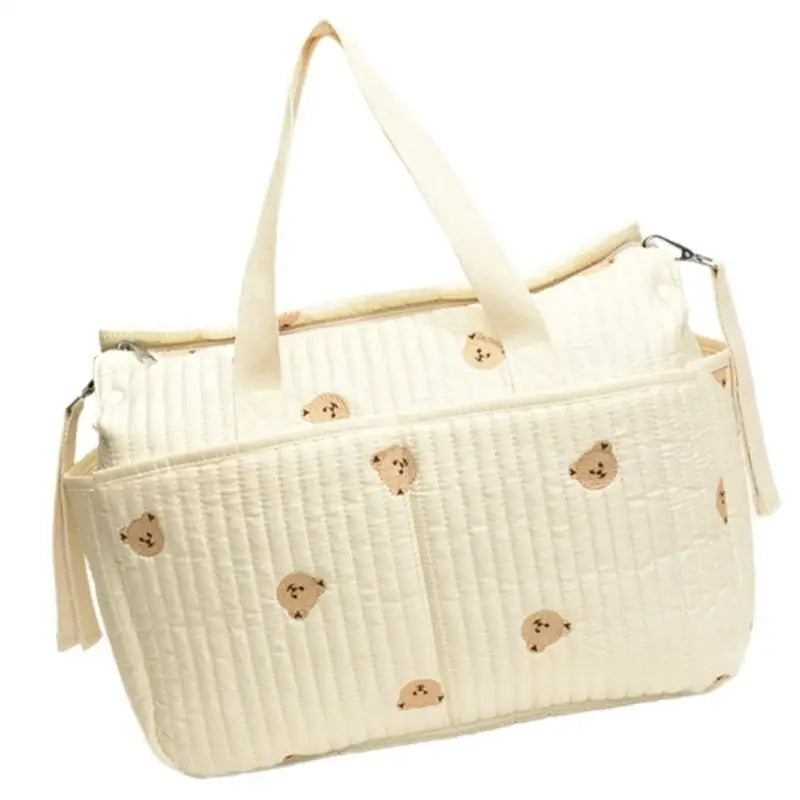 Floral & Bear Embroidery Baby Diaper Bag – Stylish Mom Handbag