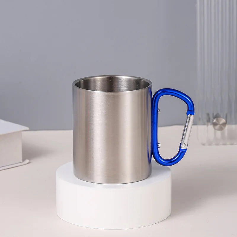 Hot 300ml Camping Travel 201 Stainless Steel Cup Carabiner Hook Handle Picnic Water Mug Outdoor Travel Hike Cup Portable Mug Peaceful Pleasures Health and Wellness blue 300ml