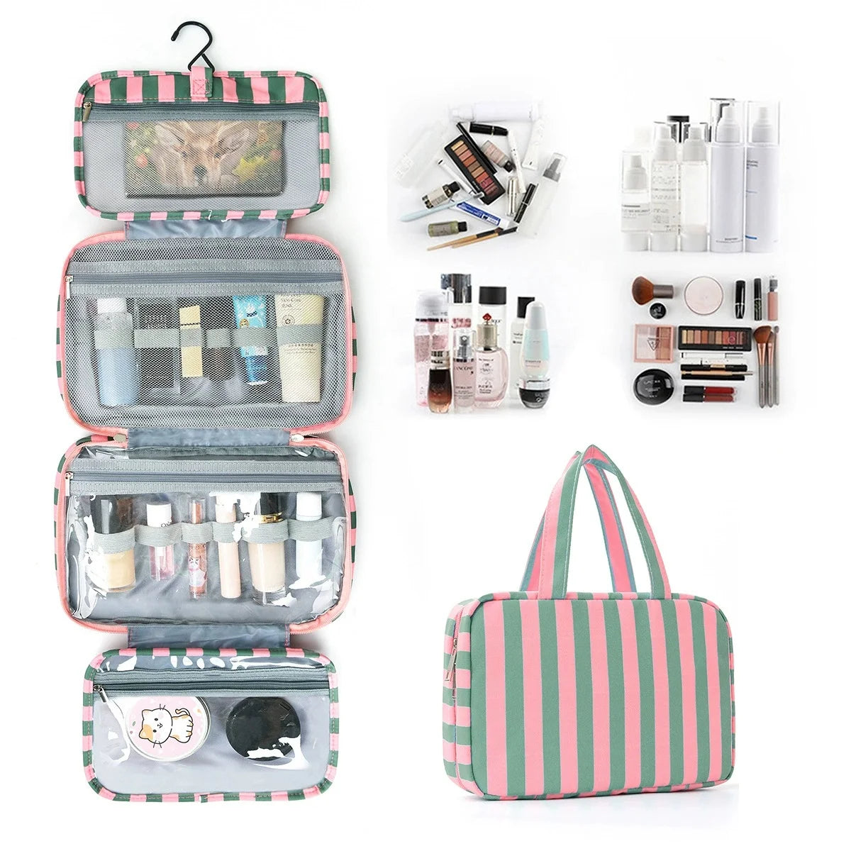 Large Striped Travel Toiletry Bag with Hook – Foldable Unisex
