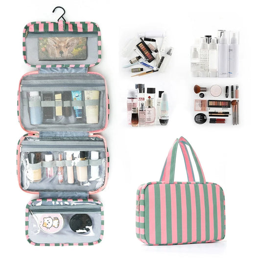Large Striped Travel Toiletry Bag with Hook – Foldable Unisex Travel Toiletry Bag Peaceful Pleasures Health and Wellness