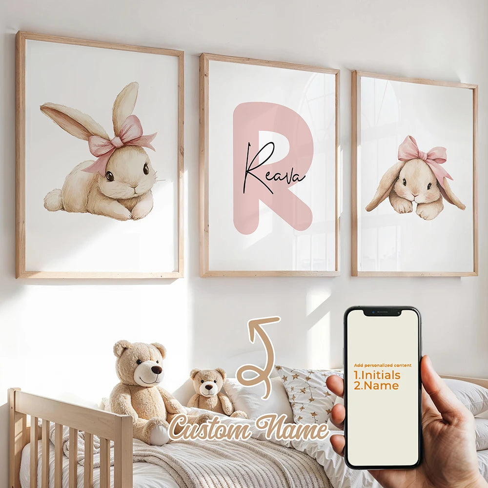 3-Piece Personalized Rabbit Canvas Wall Art | Kids Room Decor