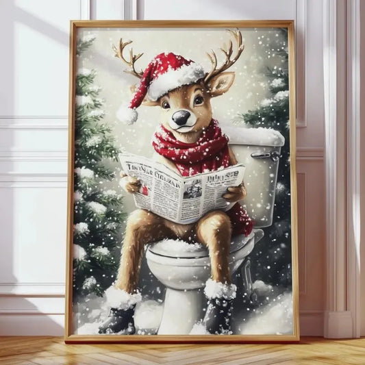 Reindeer on Toilet Funny Christmas Bathroom Canvas Wall Art Canvas Wall Art Peaceful Pleasures Health and Wellness