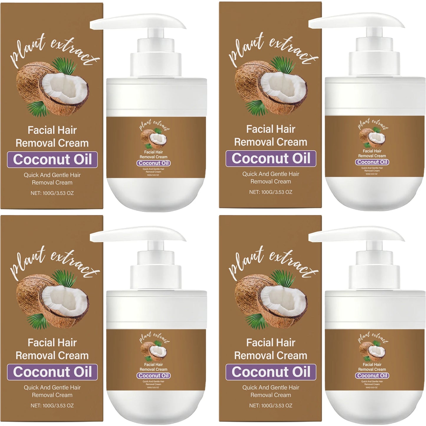 Facial Hair Removal Cream Removing Hair Control Oil Soothing Skin Non-irritating Moisturizing Coconut Oil Painless Hair Remover Peaceful Pleasures Health and Wellness 4 x 100g Boxed