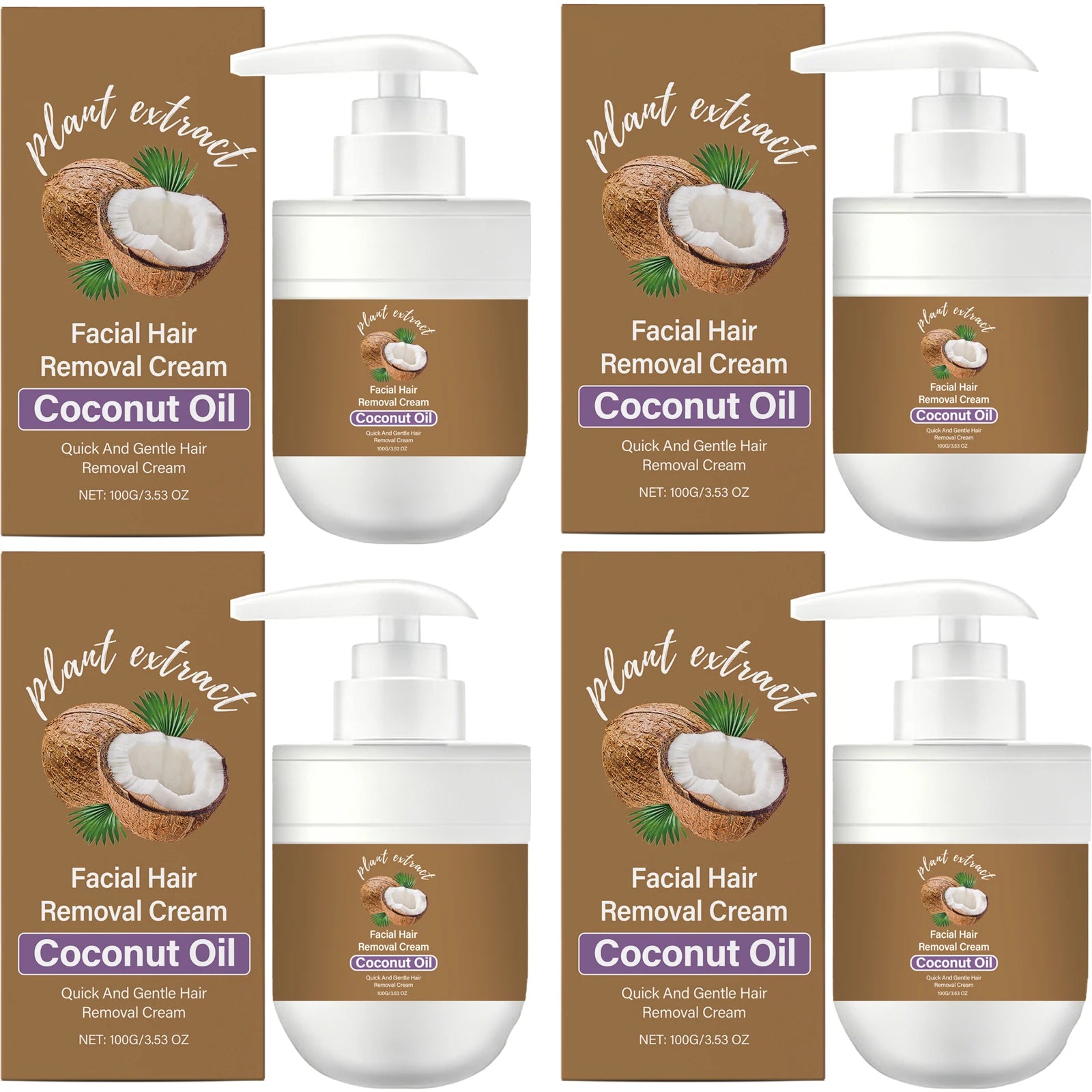 Facial Hair Removal Cream Removing Hair Control Oil Soothing Skin Non-irritating Moisturizing Coconut Oil Painless Hair Remover Peaceful Pleasures Health and Wellness 4 x 100g Boxed